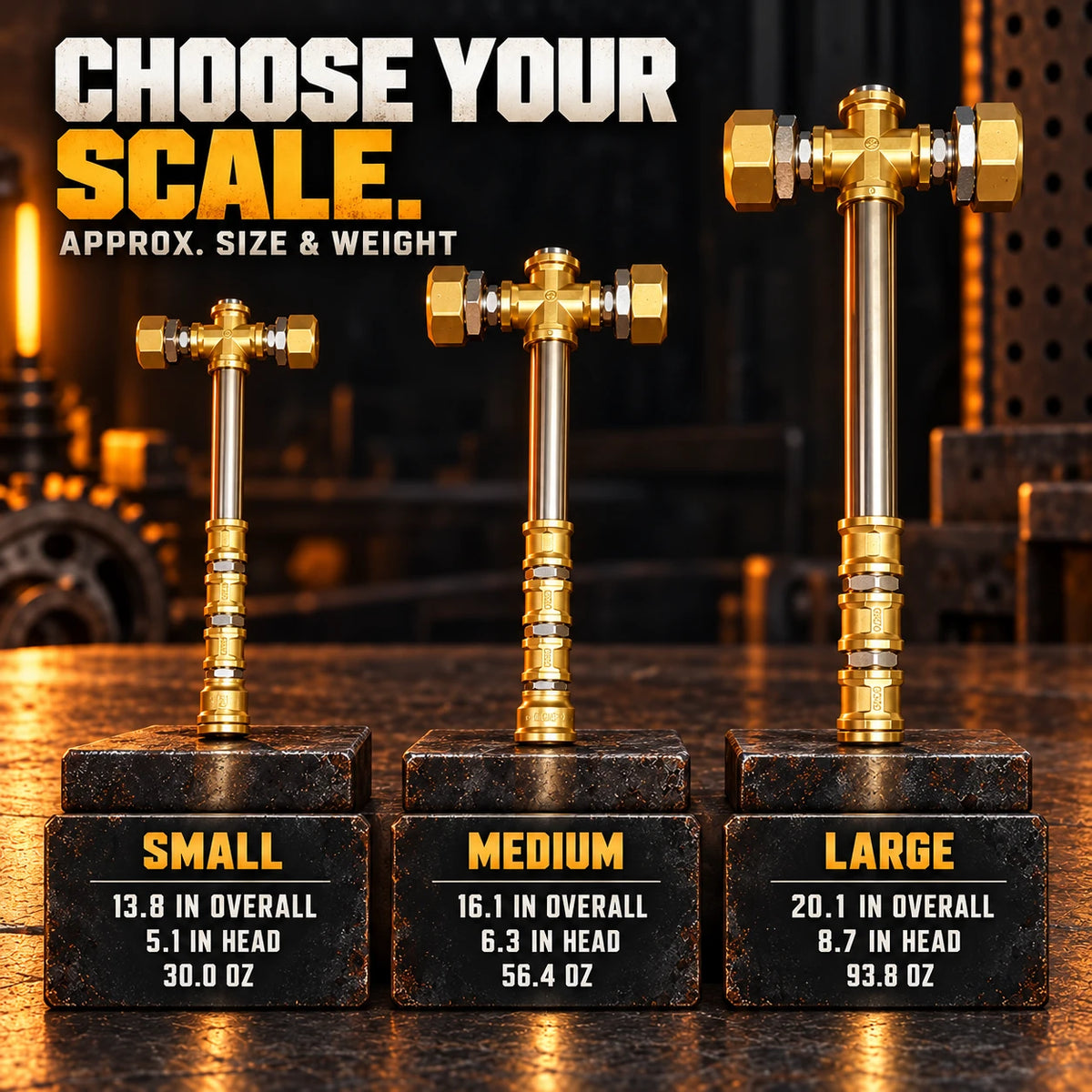 Small, Medium, and Large Golden Forgehammer size comparison