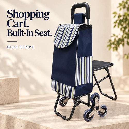 Stair-Climbing Shopping Cart with Fold-Out Seat