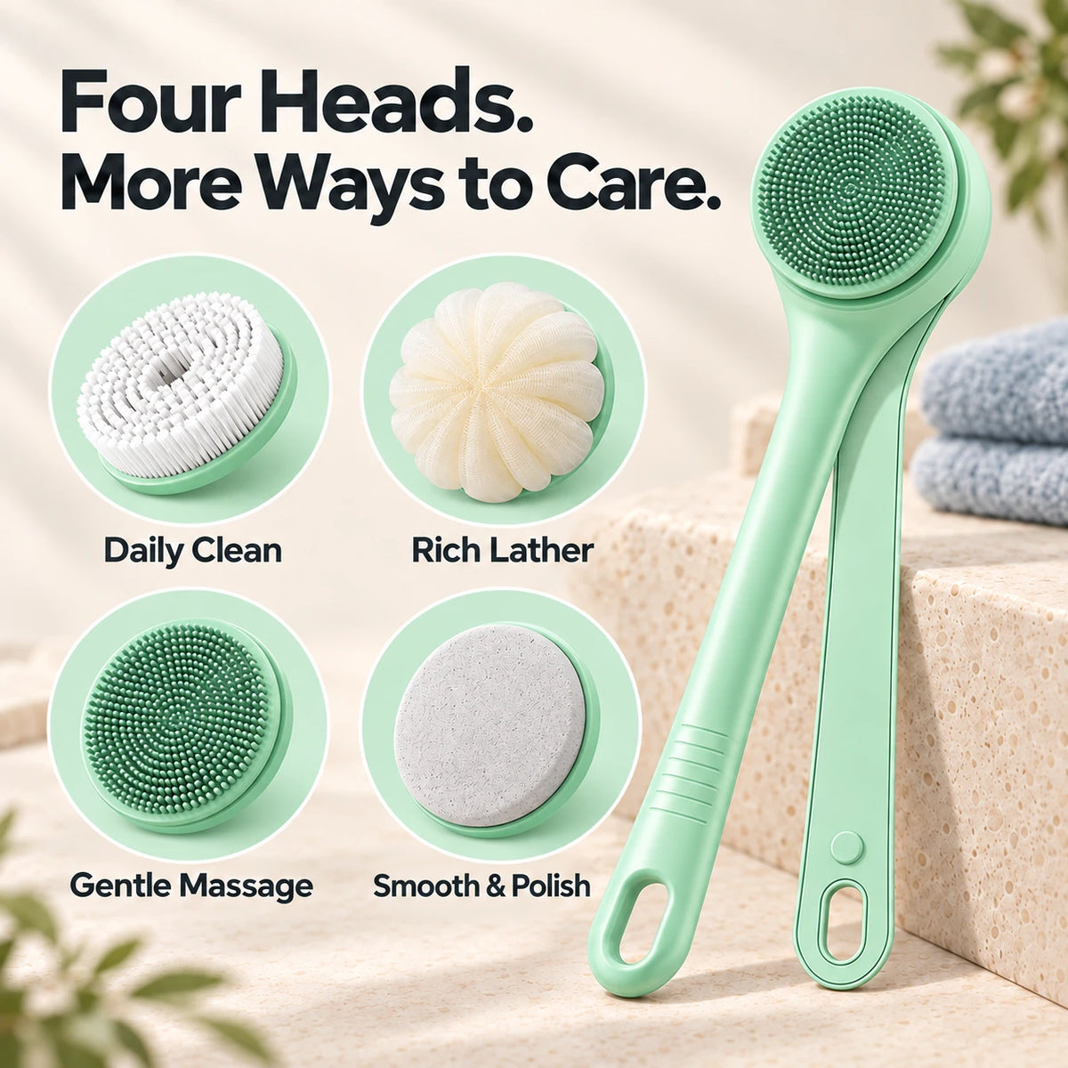 Powered Dual-Handle Body Brush with 4 Brush Heads