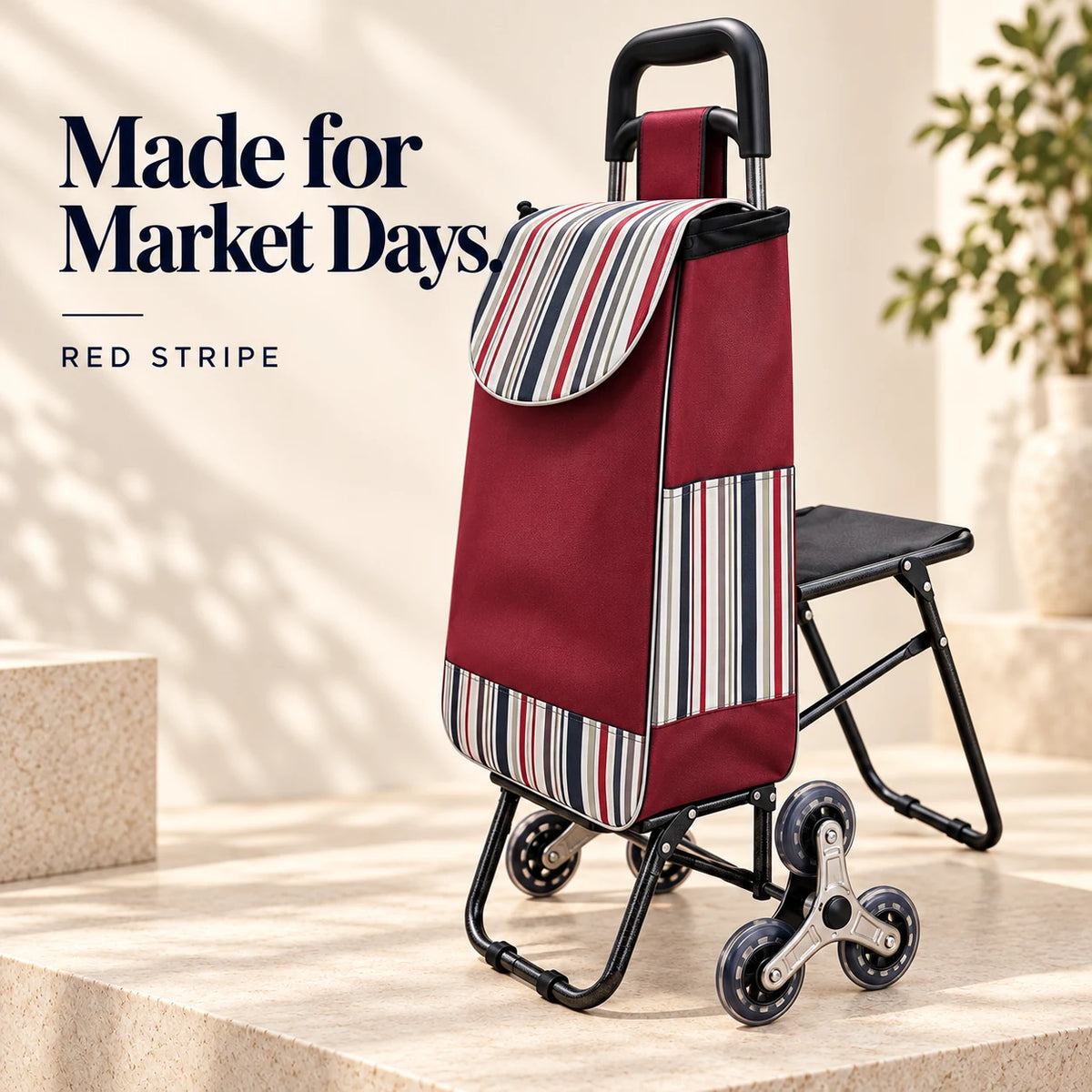 Stair-Climbing Shopping Cart with Fold-Out Seat