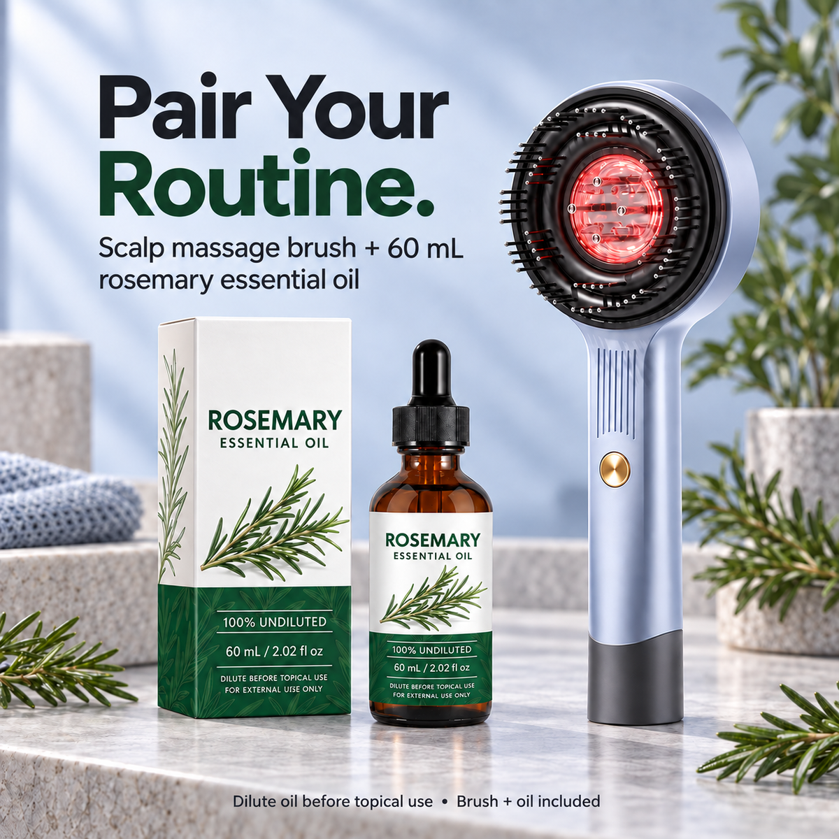 Massage Scalp Brush + Rosemary Oil Bundle