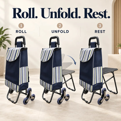 Stair-Climbing Shopping Cart with Fold-Out Seat