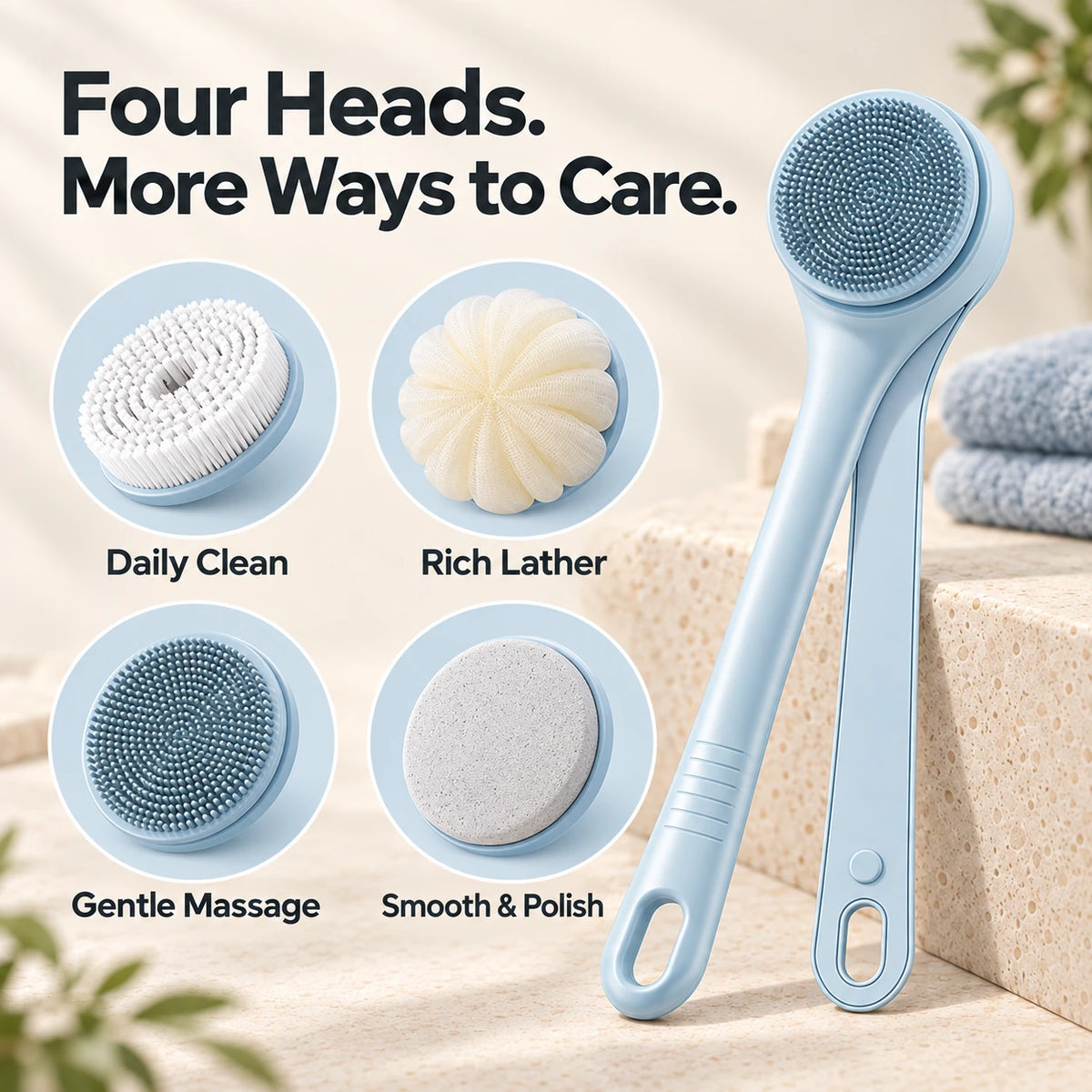 Powered Dual-Handle Body Brush with 4 Brush Heads
