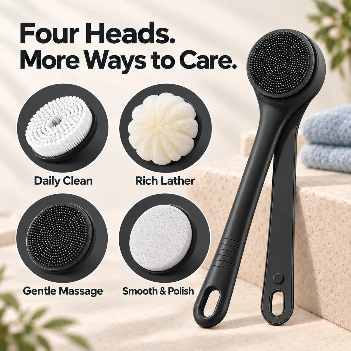Powered Dual-Handle Body Brush with 4 Brush Heads
