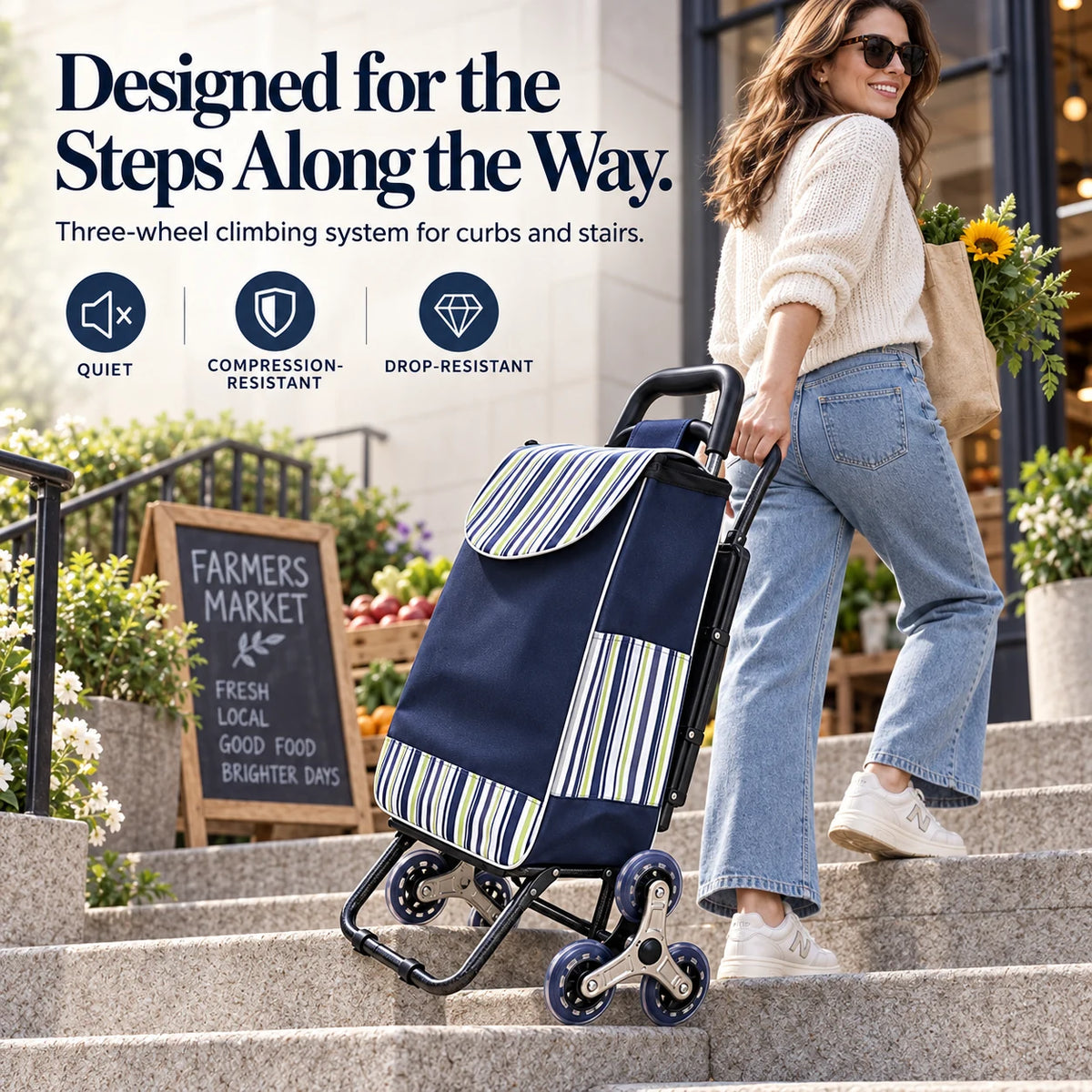 Stair-Climbing Shopping Cart with Fold-Out Seat