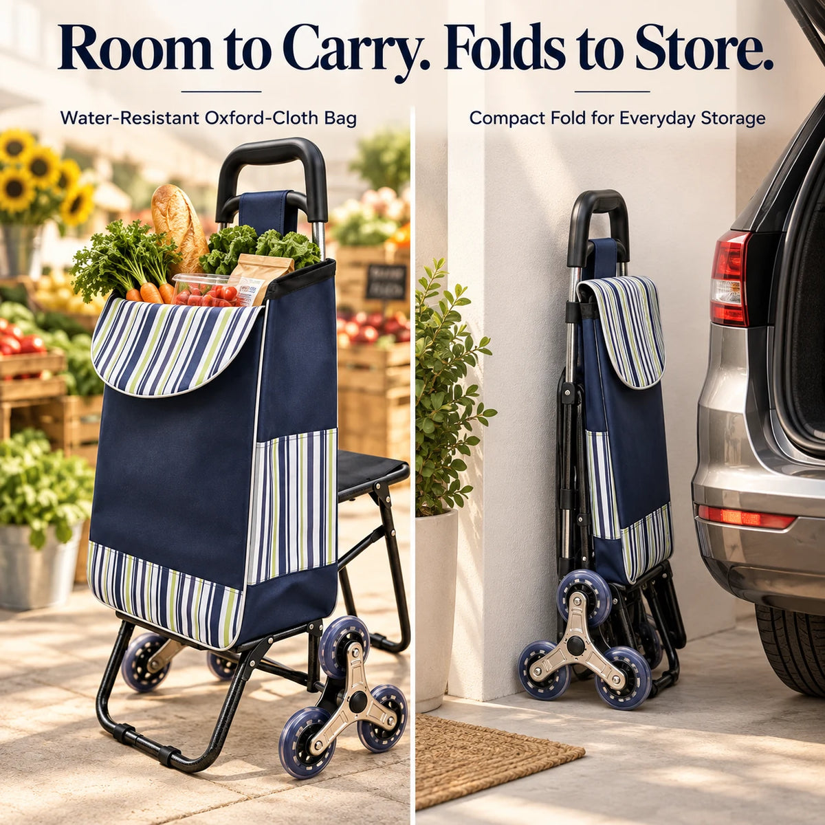 Stair-Climbing Shopping Cart with Fold-Out Seat