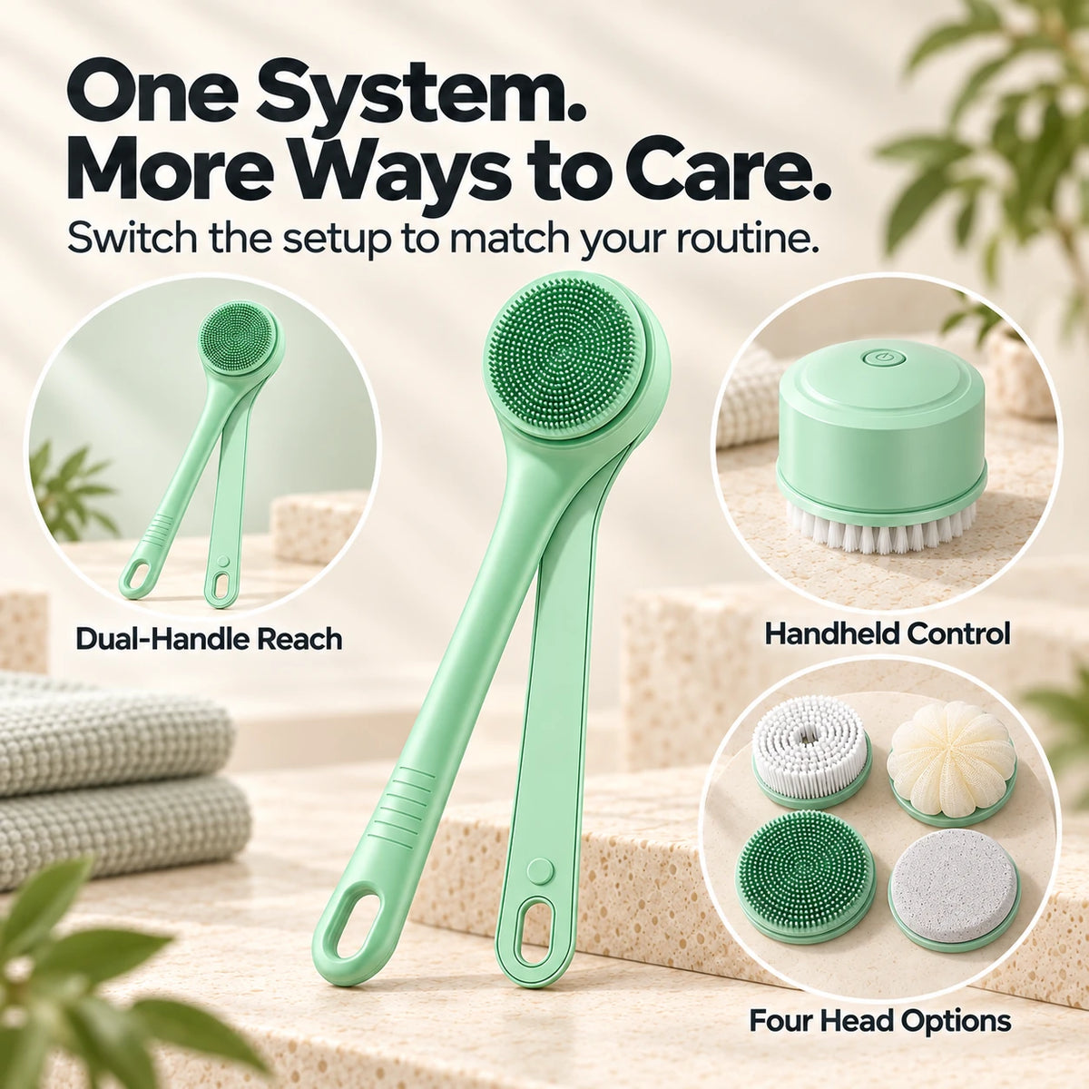 Powered Dual-Handle Body Brush with 4 Brush Heads
