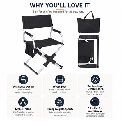 Portable Camping Director’s Chair with Side Pocket & Carry Bag