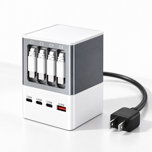 100W GaN Desktop Charging Station with 4 Retractable Cables & 8 Outputs