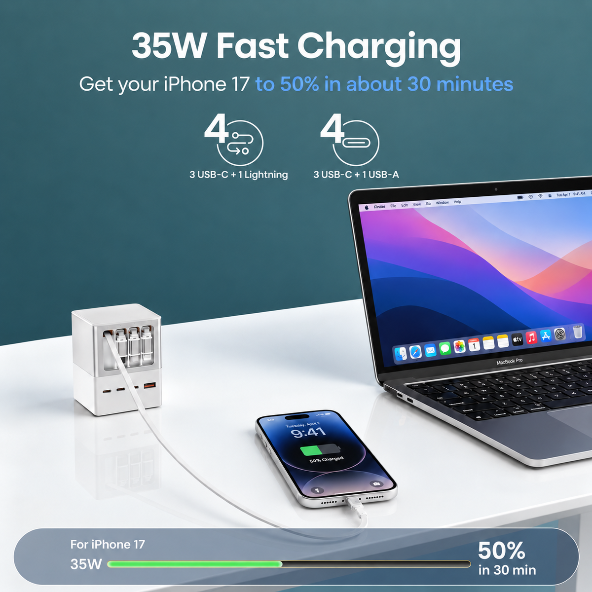 100W GaN Desktop Charging Station with 4 Retractable Cables & 8 Outputs