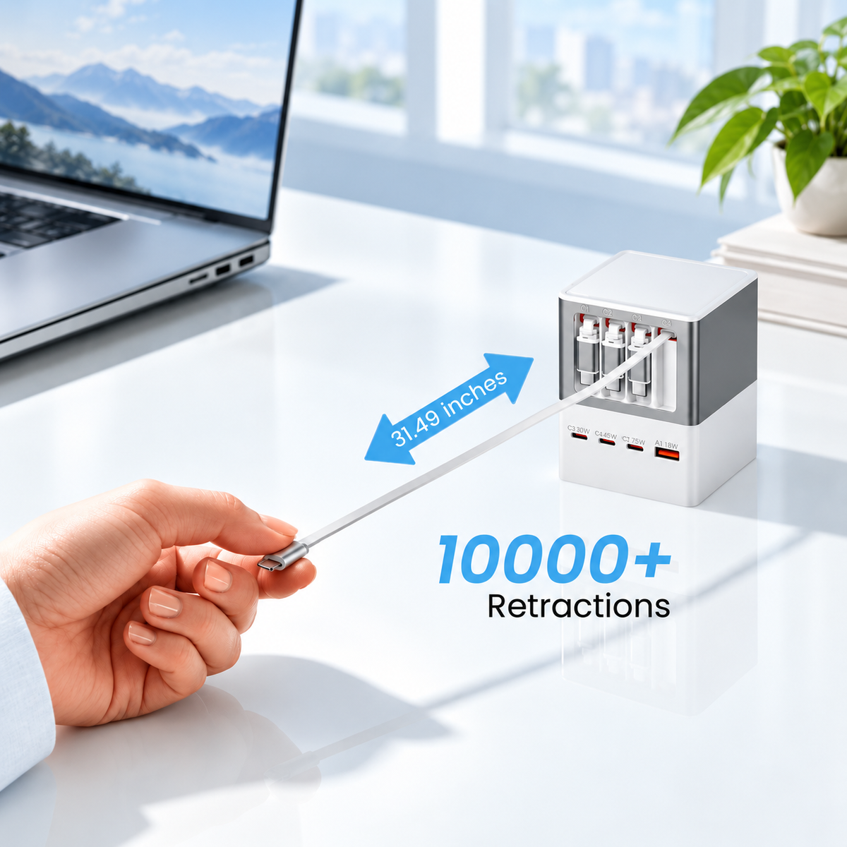 100W GaN Desktop Charging Station with 4 Retractable Cables & 8 Outputs