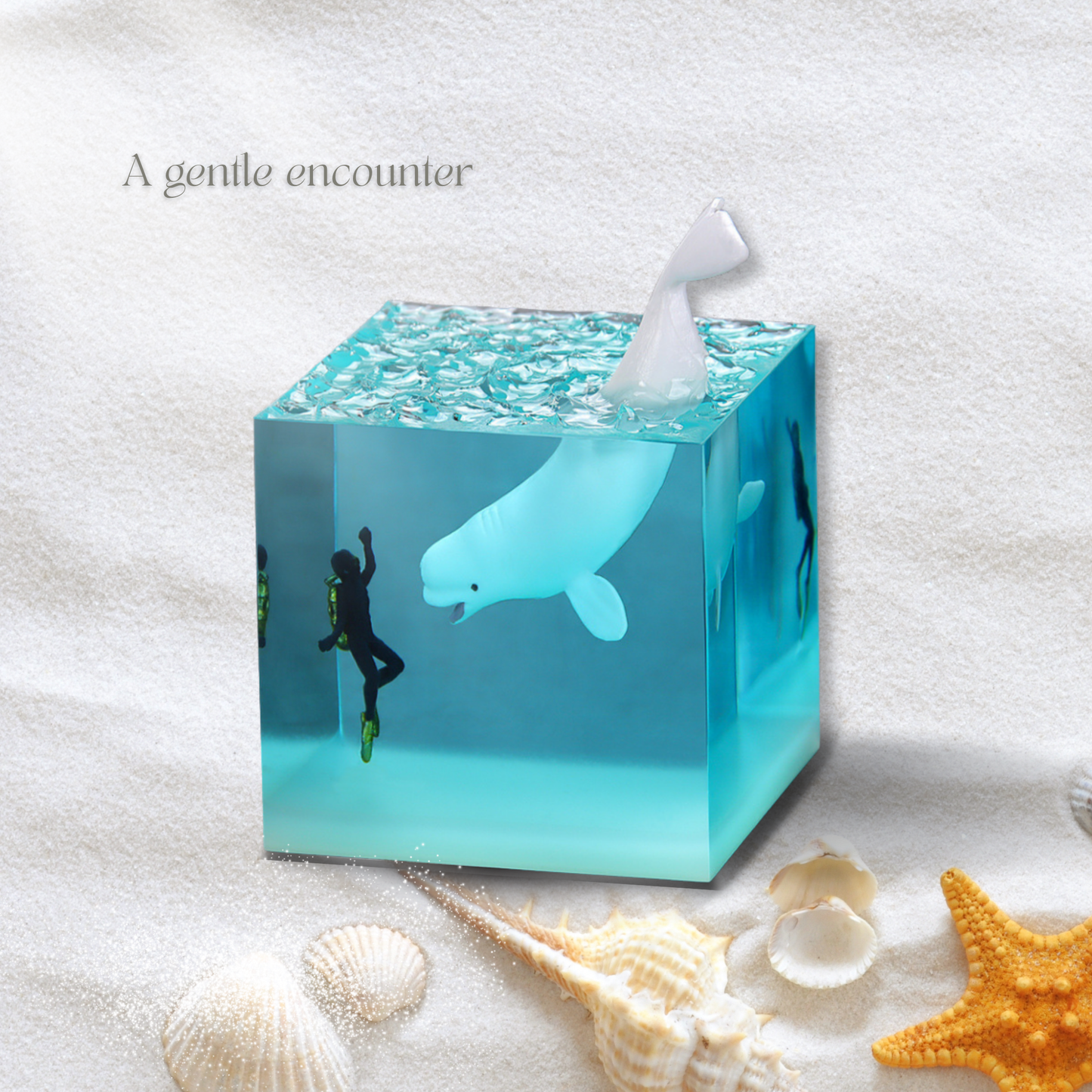 Beluga whales Diving Resin Cube | Handmade Eco-Friendly Ocean Art Gift
