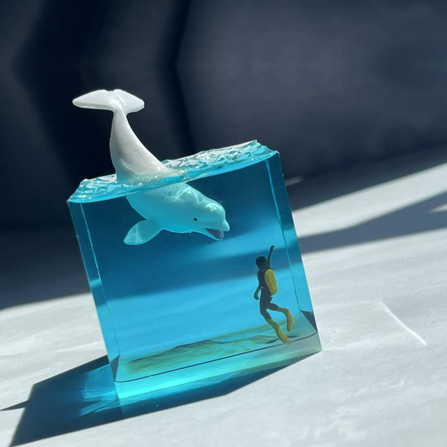 Beluga whales Diving Resin Cube | Handmade Eco-Friendly Ocean Art Gift