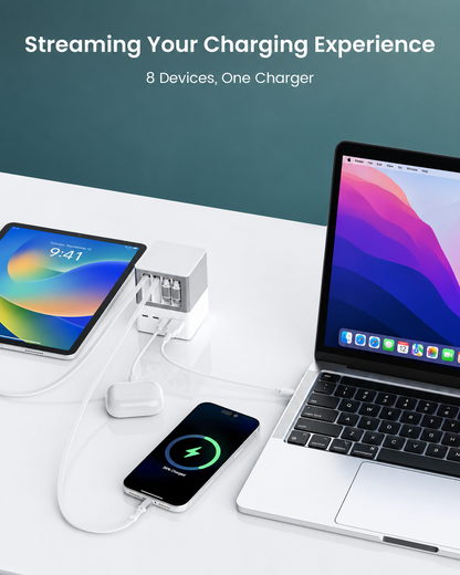 100W GaN Desktop Charging Station with 4 Retractable Cables & 8 Outputs