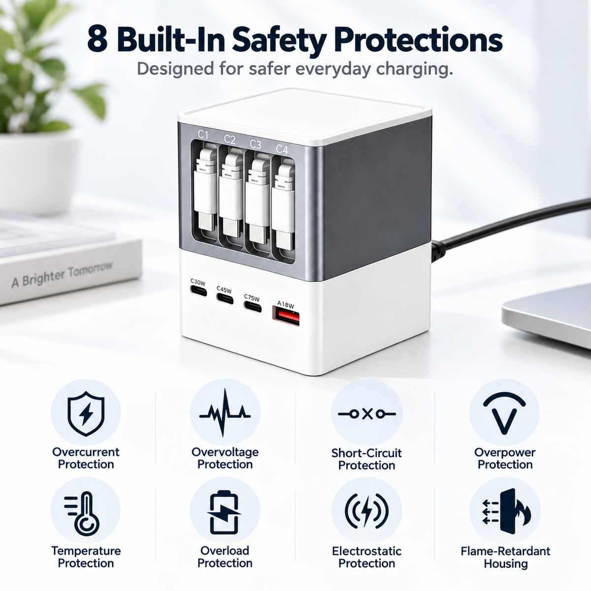 100W GaN Desktop Charging Station with 4 Retractable Cables & 8 Outputs