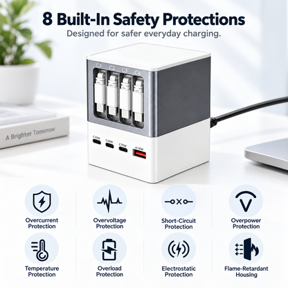 100W GaN Desktop Charging Station with 4 Retractable Cables & 8 Outputs
