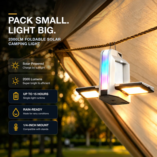 2000LM Foldable Solar Camping Light with RGB Ambient Glow