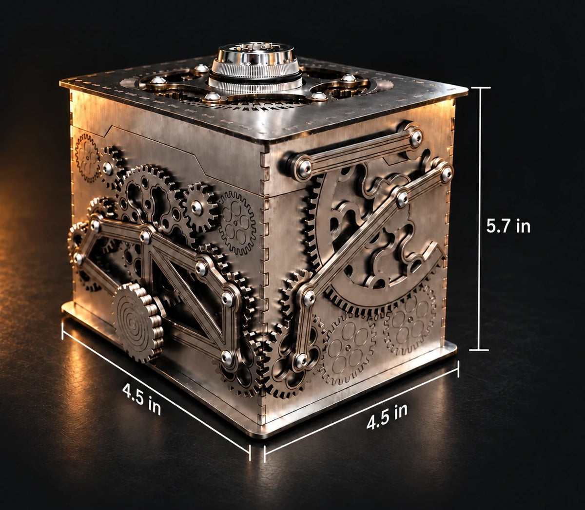 Mechanical Gear Vault Box showing 5.7 by 4.5 by 4.5 inch dimensions