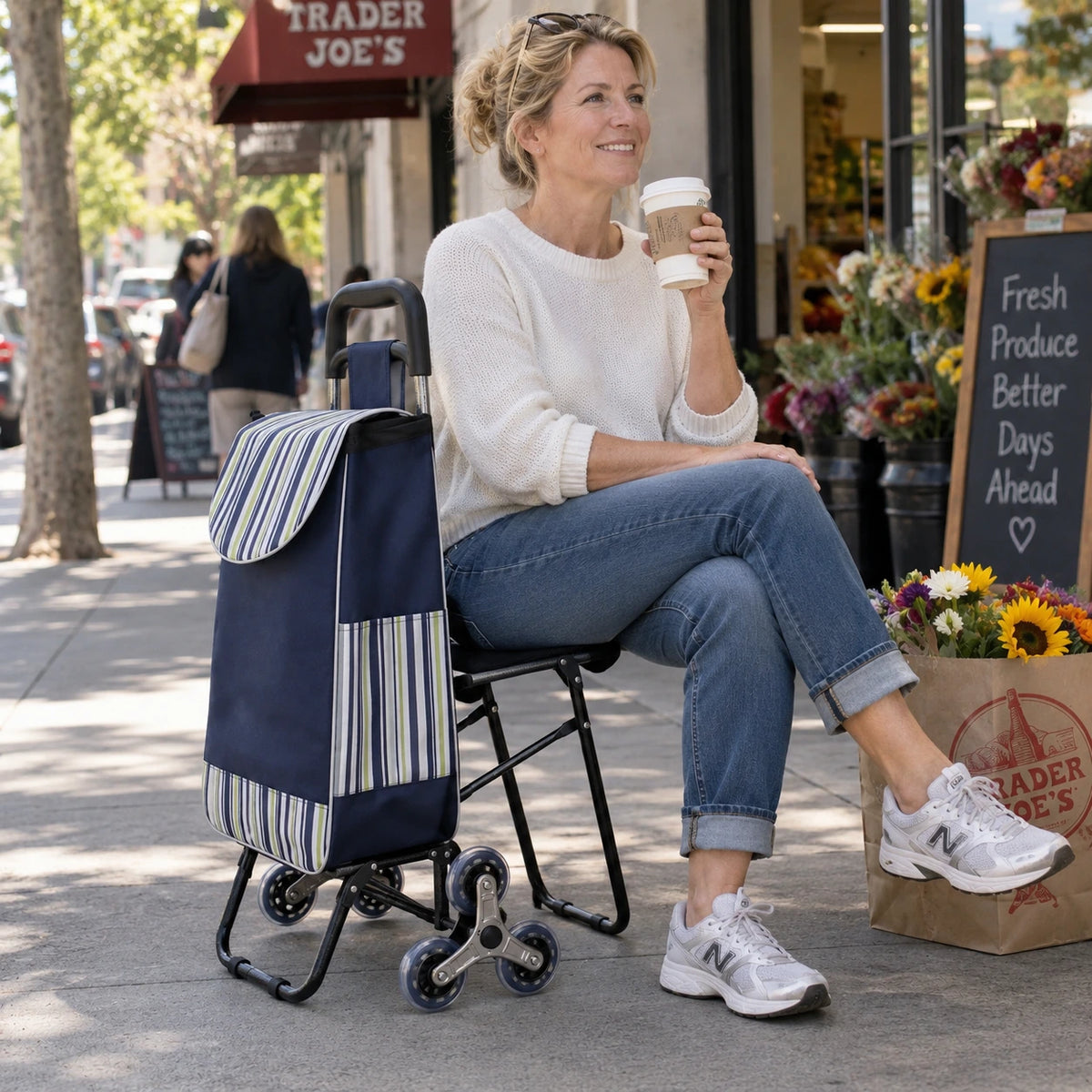 Stair-Climbing Shopping Cart with Fold-Out Seat