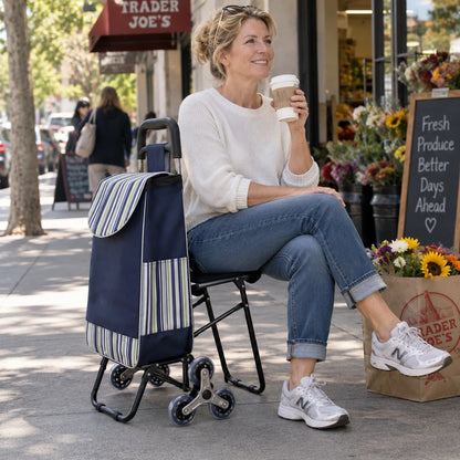 Stair-Climbing Shopping Cart with Fold-Out Seat